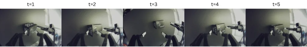 Robot attempting to open a box without demonstrations at t=1 through t=5